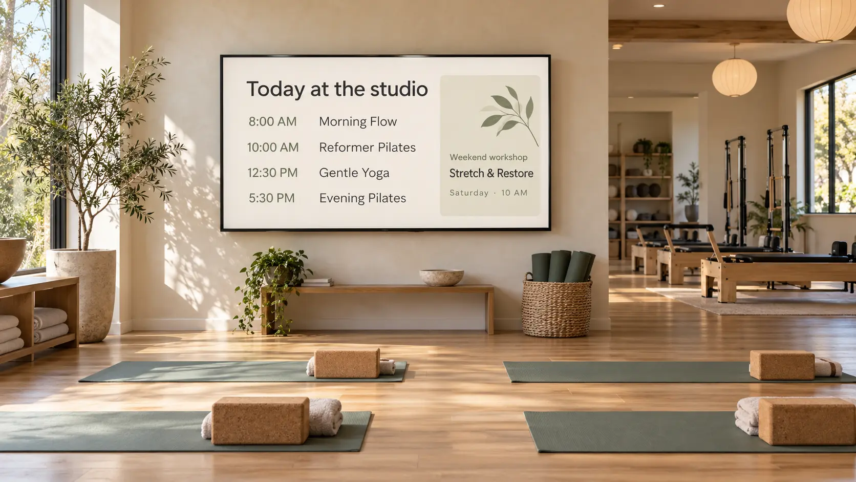 Yoga and Pilates studio with a digital class schedule