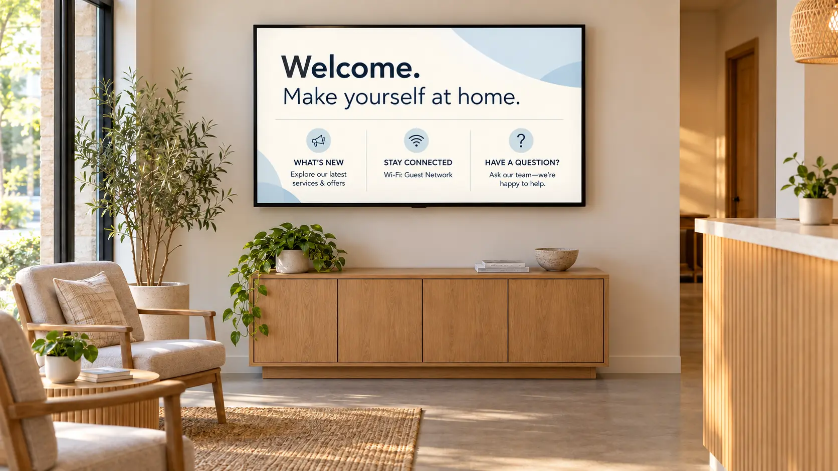 Example reception screen displaying a welcome message, Wi-Fi details and announcements