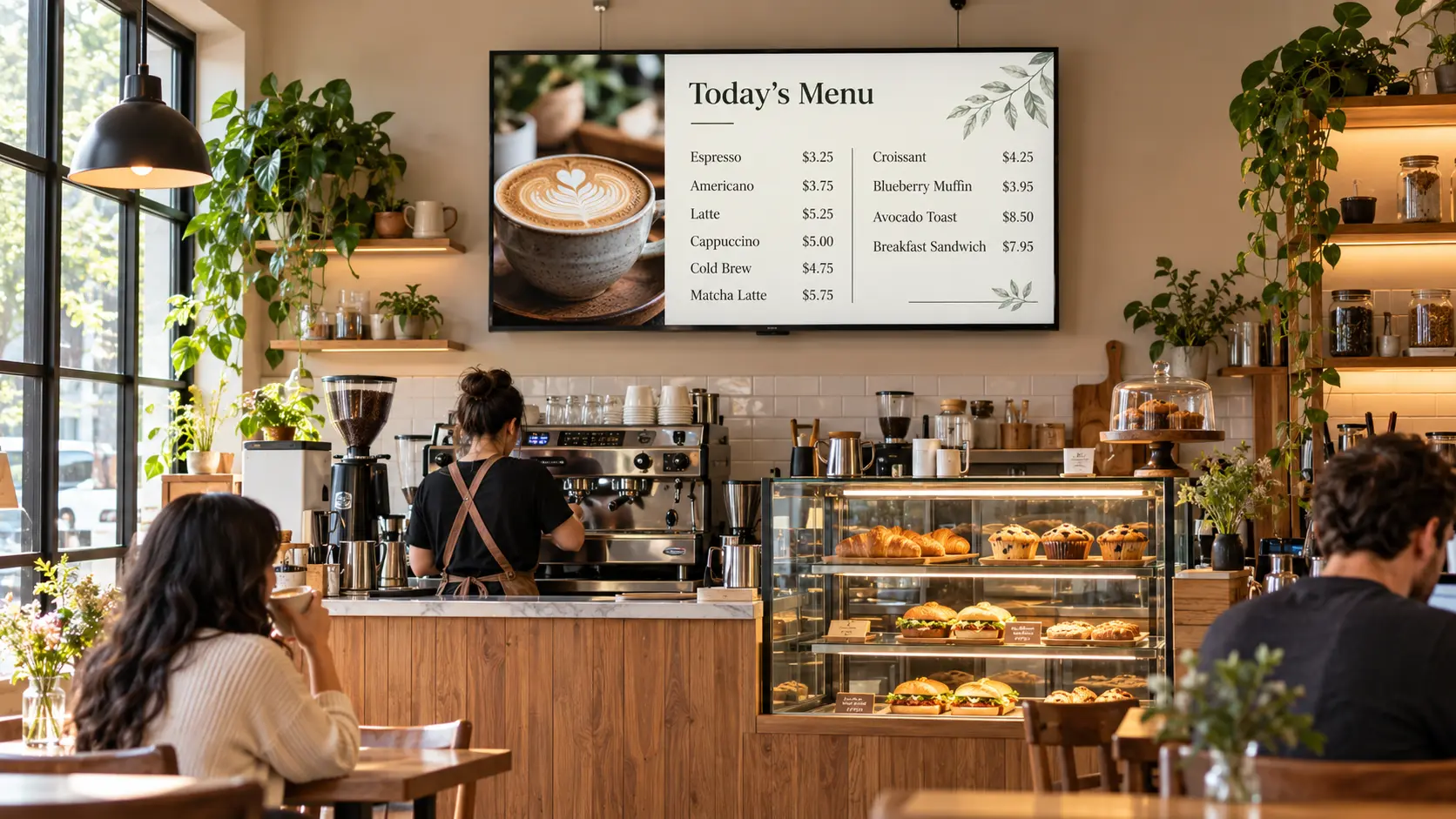 Café interior with a digital menu board